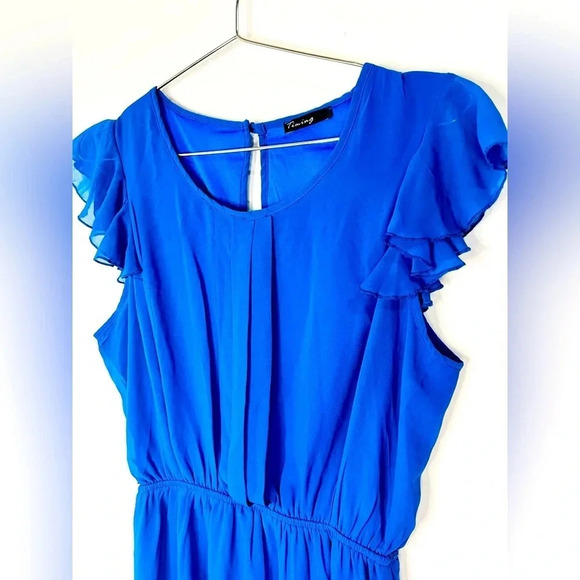 Timing Blue Sheer Ruffle Sleeve Dress Flowy Pleated Front - Picture 4 of 8
